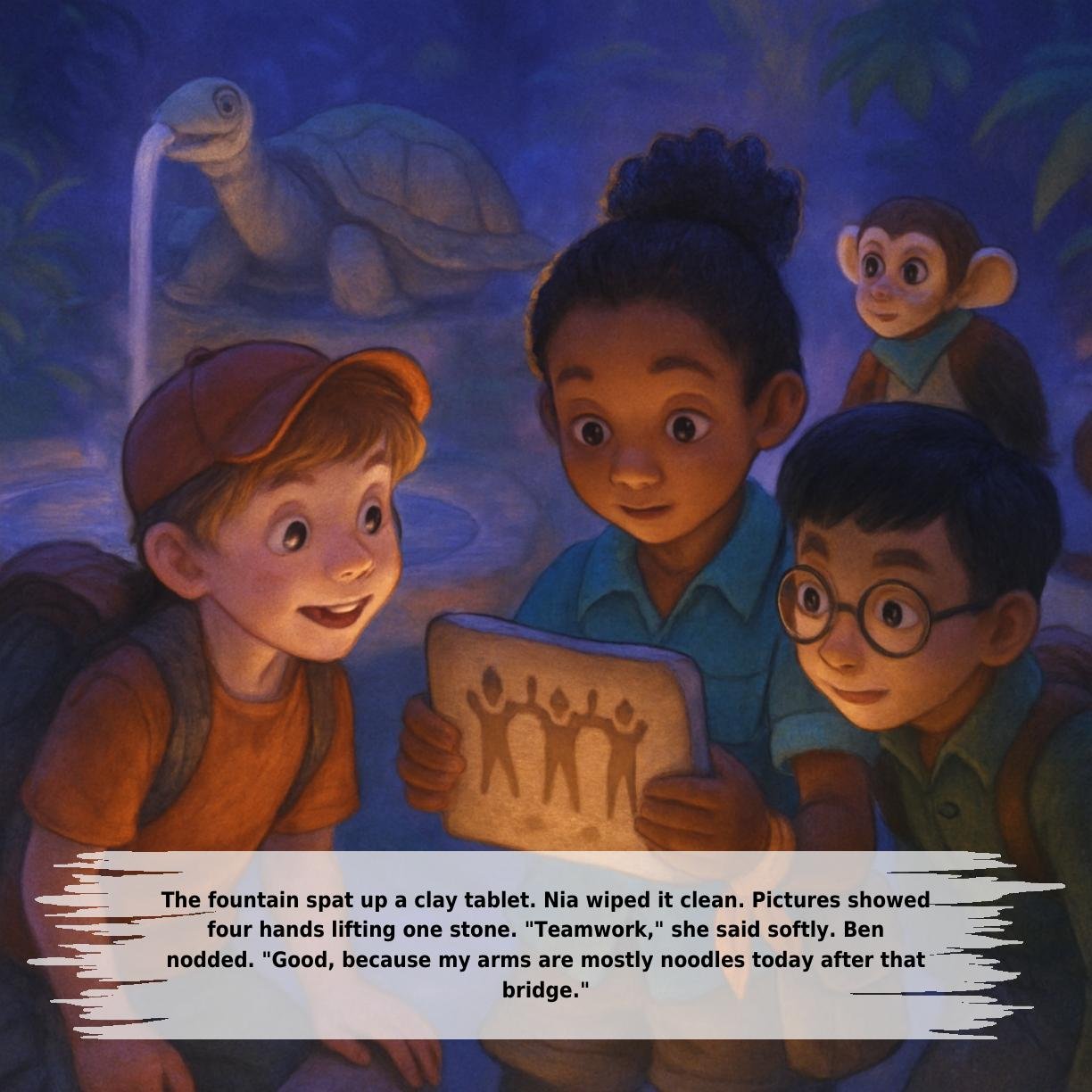 The fountain spat up a clay tablet. Nia wiped it clean. Pictures showed
four hands lifting one stone. "Teamwork," she said softly. Ben
nodded. "Good, because my arms are mostly noodles today after that
bridge."