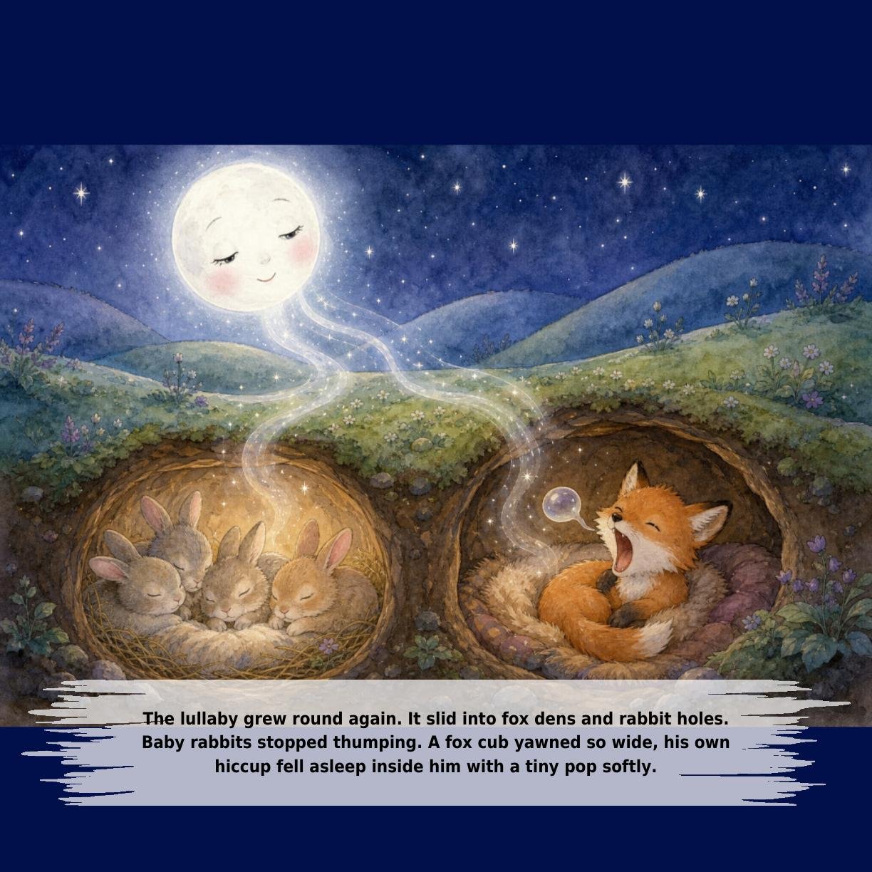 The lullaby grew round again. It slid into fox dens and rabbit holes.
Baby rabbits stopped thumping. A fox cub yawned so wide, his own
hiccup fell asleep inside him with a tiny pop softly.