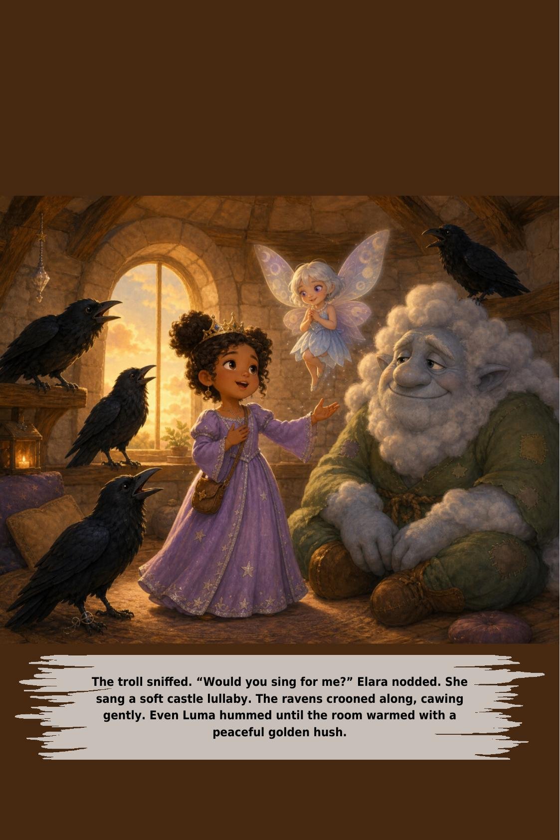 The troll sniffed. “Would you sing for me?” Elara nodded. She
sang a soft castle lullaby. The ravens crooned along, cawing
gently. Even Luma hummed until the room warmed with a
peaceful golden hush.