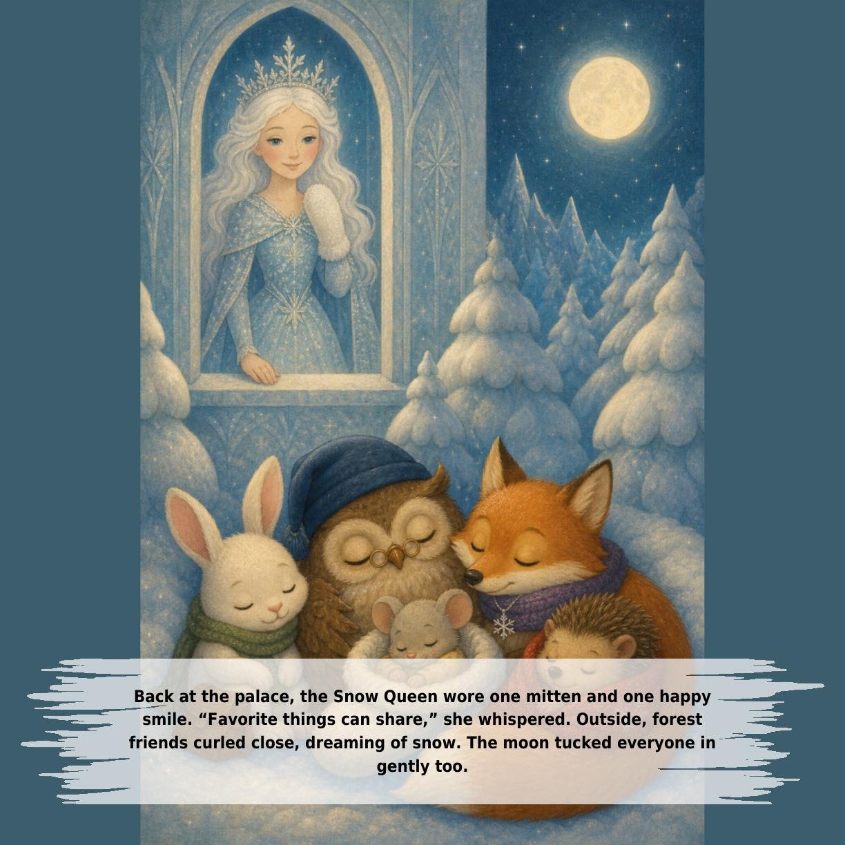 Back at the palace, the Snow Queen wore one mitten and one happy
smile. “Favorite things can share,” she whispered. Outside, forest
friends curled close, dreaming of snow. The moon tucked everyone in
gently too.