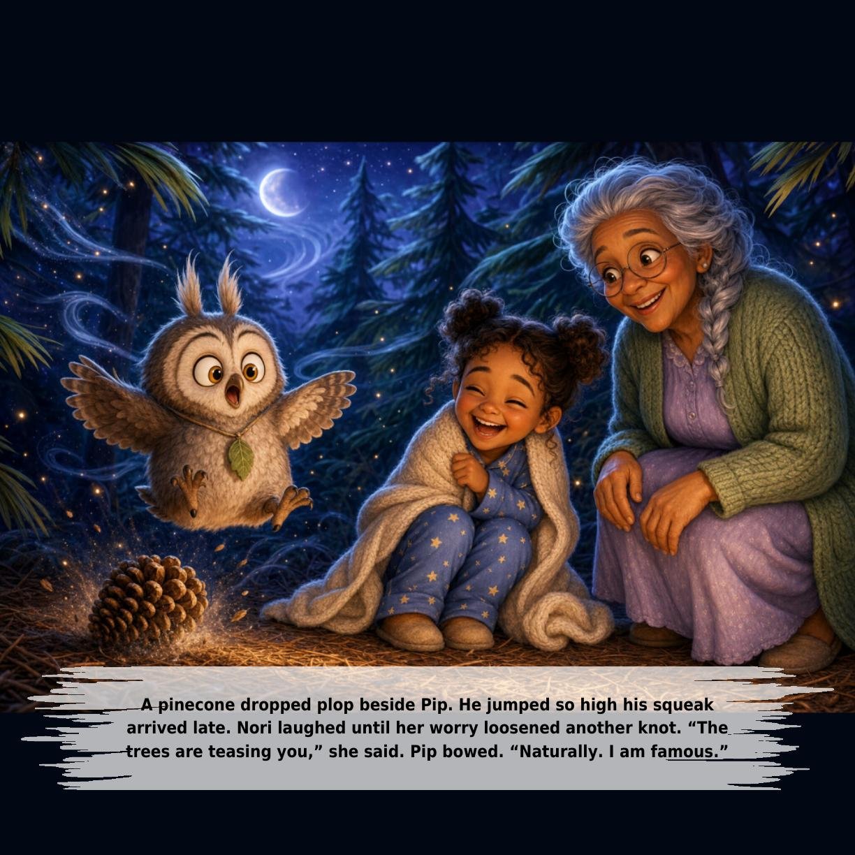 A pinecone dropped plop beside Pip. He jumped so high his squeak
arrived late. Nori laughed until her worry loosened another knot. “The
trees are teasing you,” she said. Pip bowed. “Naturally. I am famous.”