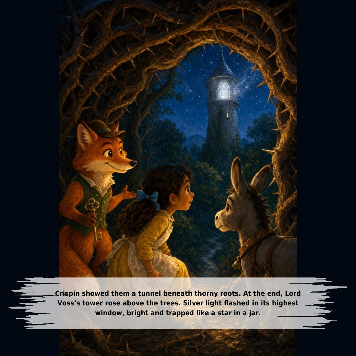 Crispin showed them a tunnel beneath thorny roots. At the end, Lord
Voss’s tower rose above the trees. Silver light flashed in its highest
window, bright and trapped like a star in a jar.