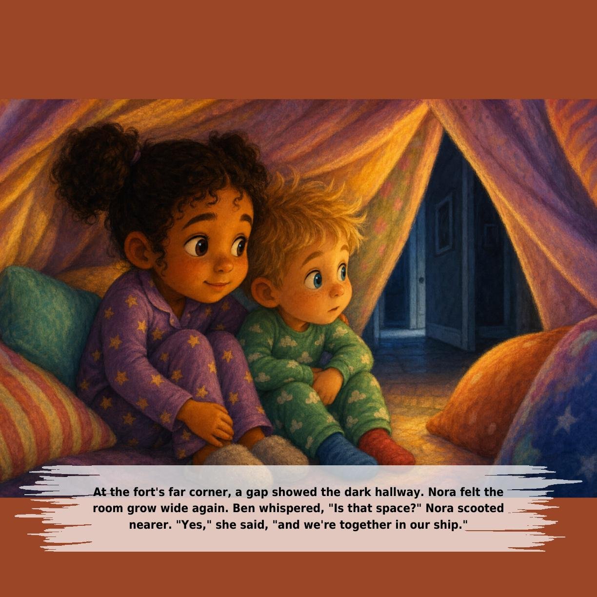 At the fort's far corner, a gap showed the dark hallway. Nora felt the
room grow wide again. Ben whispered, "Is that space?" Nora scooted
nearer. "Yes," she said, "and we're together in our ship."