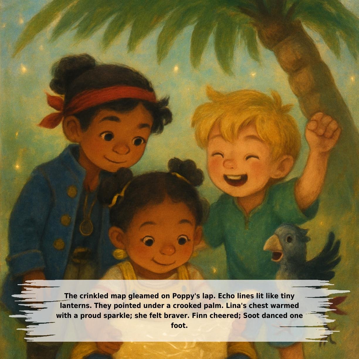 The crinkled map gleamed on Poppy's lap. Echo lines lit like tiny
lanterns. They pointed under a crooked palm. Lina's chest warmed
with a proud sparkle; she felt braver. Finn cheered; Soot danced one
foot.