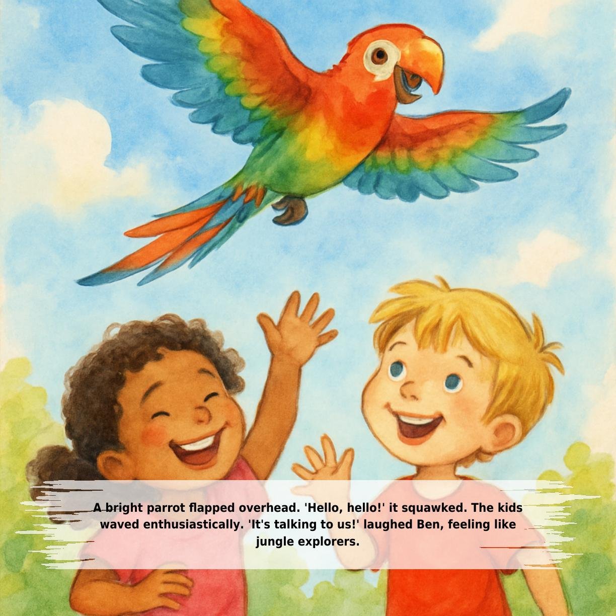 A bright parrot flapped overhead. 'Hello, hello!' it squawked. The kids
waved enthusiastically. 'It's talking to us!' laughed Ben, feeling like
jungle explorers.