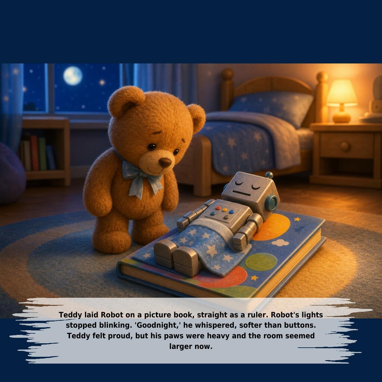 Teddy laid Robot on a picture book, straight as a ruler. Robot's lights
stopped blinking. 'Goodnight,' he whispered, softer than buttons.
Teddy felt proud, but his paws were heavy and the room seemed
larger now.