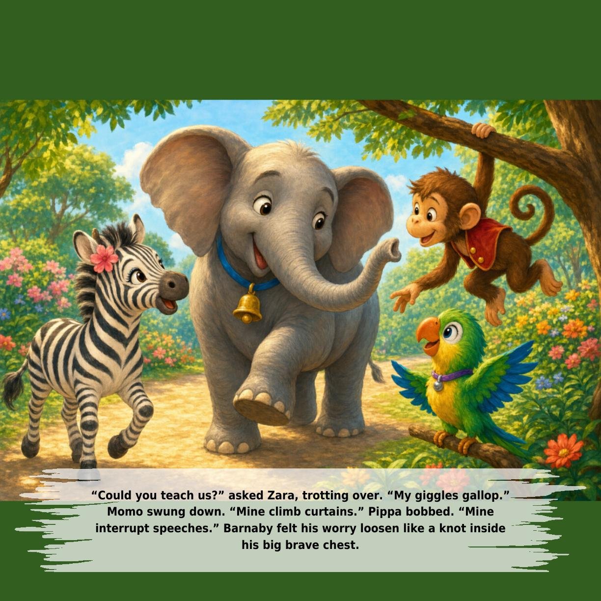 “Could you teach us?” asked Zara, trotting over. “My giggles gallop.”
Momo swung down. “Mine climb curtains.” Pippa bobbed. “Mine
interrupt speeches.” Barnaby felt his worry loosen like a knot inside
his big brave chest.