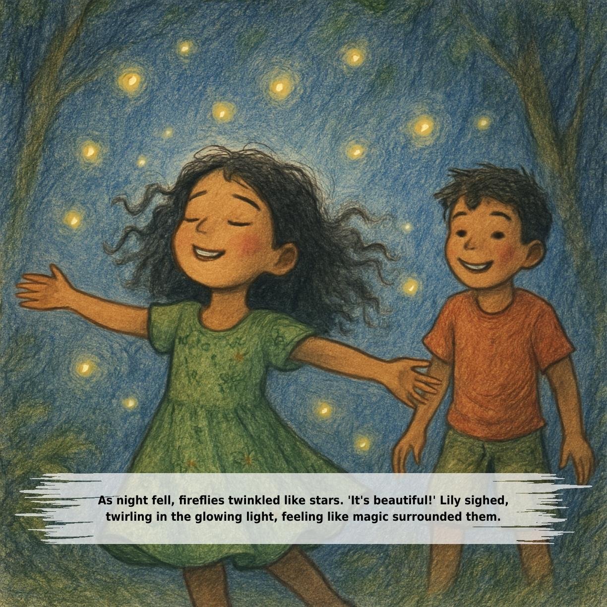 As night fell, fireflies twinkled like stars. 'It's beautiful!' Lily sighed,
twirling in the glowing light, feeling like magic surrounded them.