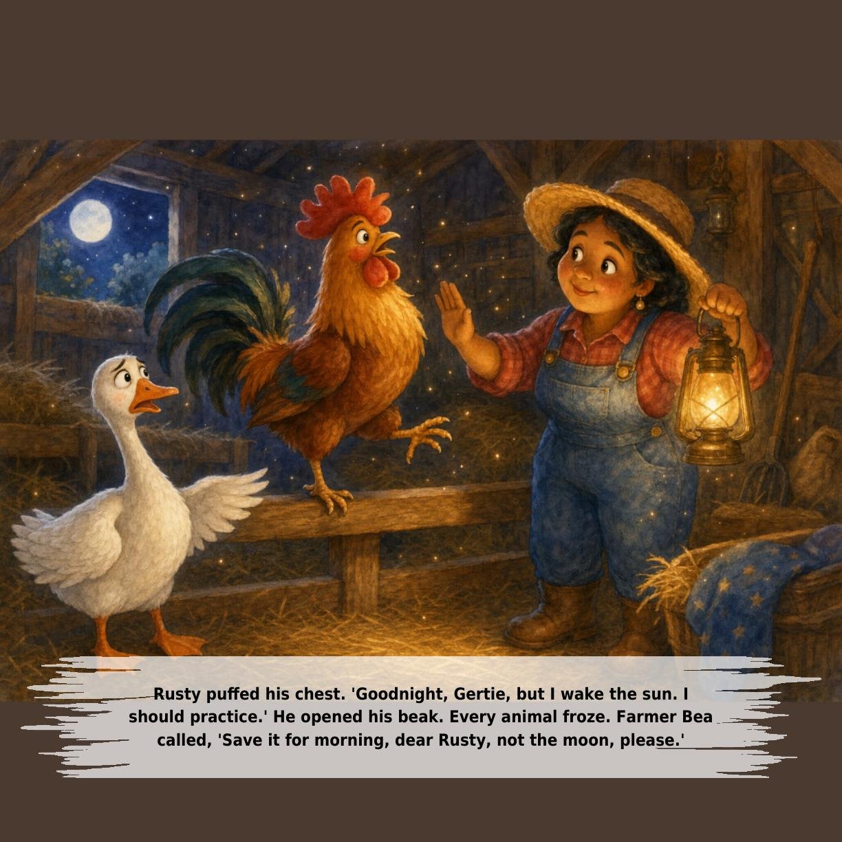 Rusty puffed his chest. 'Goodnight, Gertie, but I wake the sun. I
should practice.' He opened his beak. Every animal froze. Farmer Bea
called, 'Save it for morning, dear Rusty, not the moon, please.'