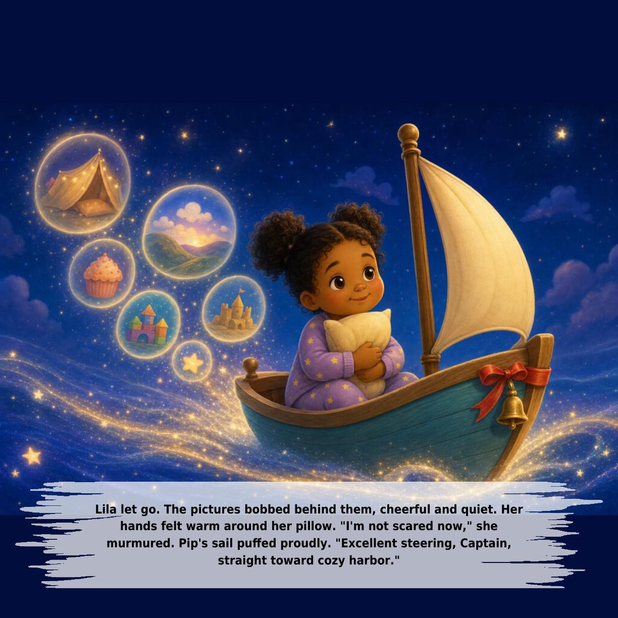 Lila let go. The pictures bobbed behind them, cheerful and quiet. Her
hands felt warm around her pillow. "I'm not scared now," she
murmured. Pip's sail puffed proudly. "Excellent steering, Captain,
straight toward cozy harbor."