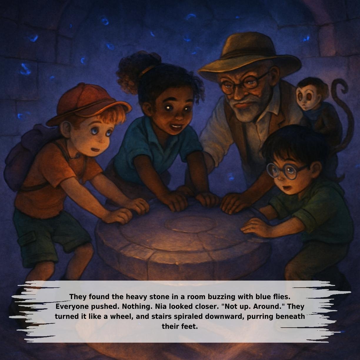 They found the heavy stone in a room buzzing with blue flies.
Everyone pushed. Nothing. Nia looked closer. "Not up. Around." They
turned it like a wheel, and stairs spiraled downward, purring beneath
their feet.