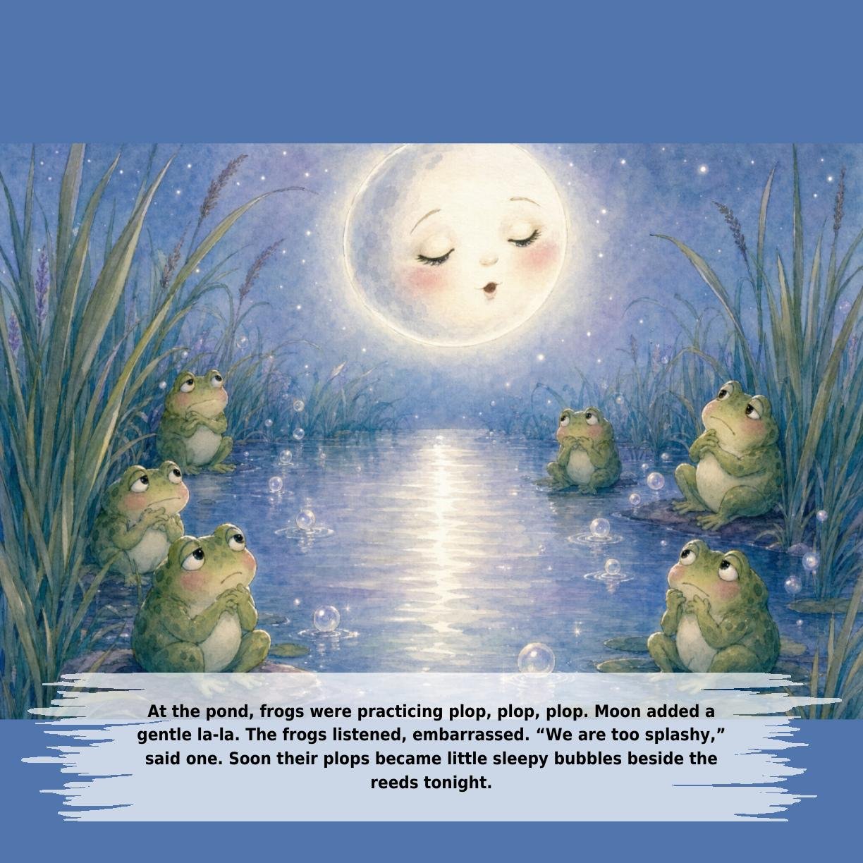 At the pond, frogs were practicing plop, plop, plop. Moon added a
gentle la-la. The frogs listened, embarrassed. “We are too splashy,”
said one. Soon their plops became little sleepy bubbles beside the
reeds tonight.