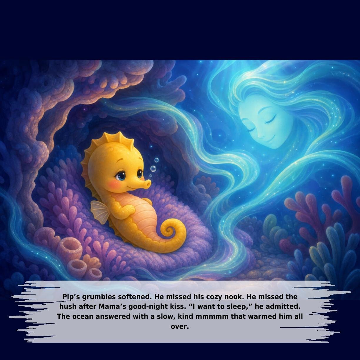Pip’s grumbles softened. He missed his cozy nook. He missed the
hush after Mama’s good-night kiss. “I want to sleep,” he admitted.
The ocean answered with a slow, kind mmmmm that warmed him all
over.