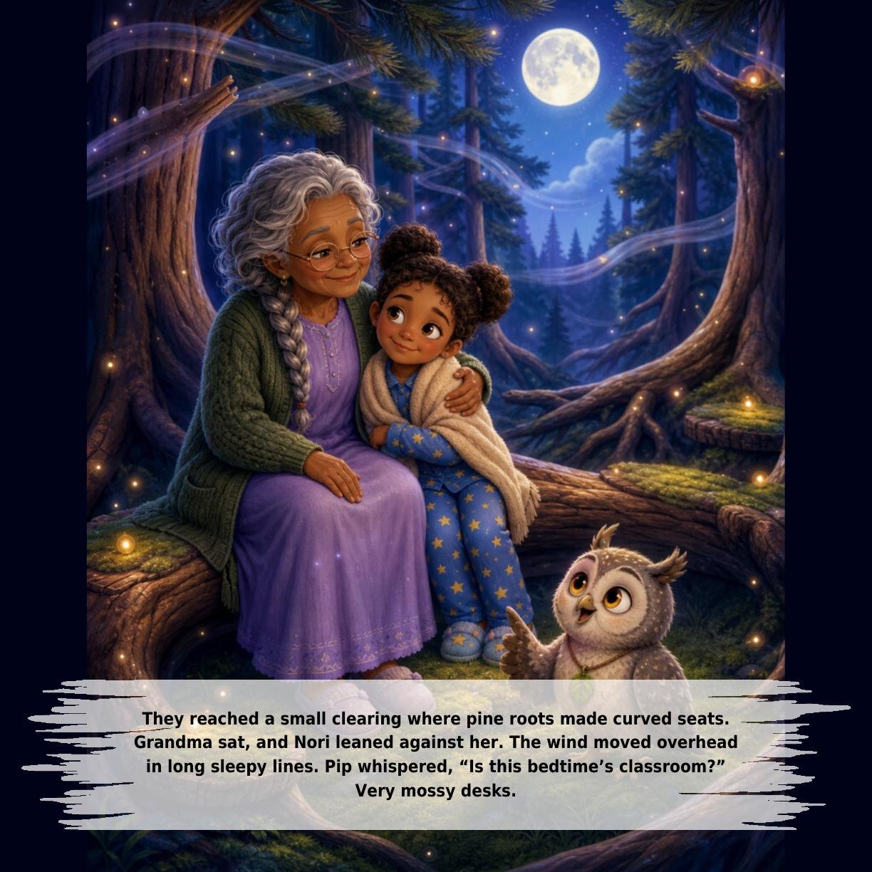 They reached a small clearing where pine roots made curved seats.
Grandma sat, and Nori leaned against her. The wind moved overhead
in long sleepy lines. Pip whispered, “Is this bedtime’s classroom?”
Very mossy desks.