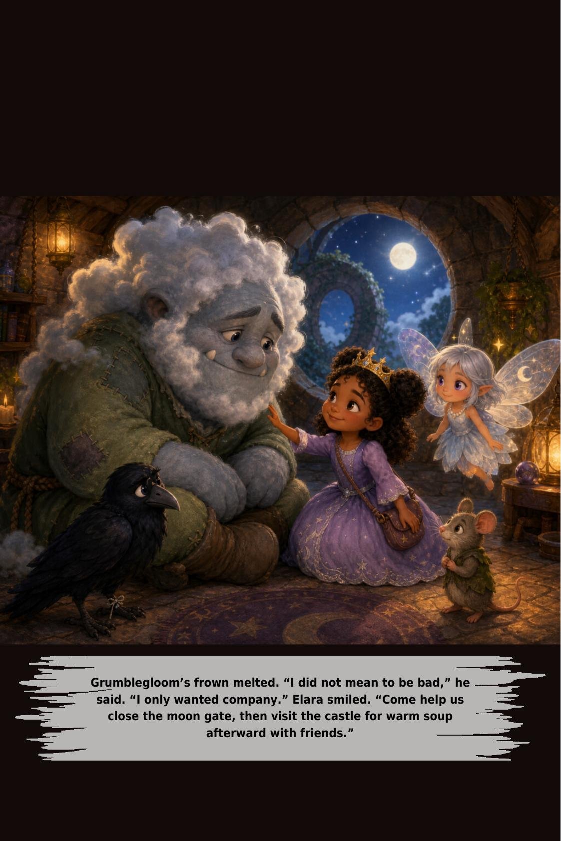 Grumblegloom’s frown melted. “I did not mean to be bad,” he
said. “I only wanted company.” Elara smiled. “Come help us
close the moon gate, then visit the castle for warm soup
afterward with friends.”