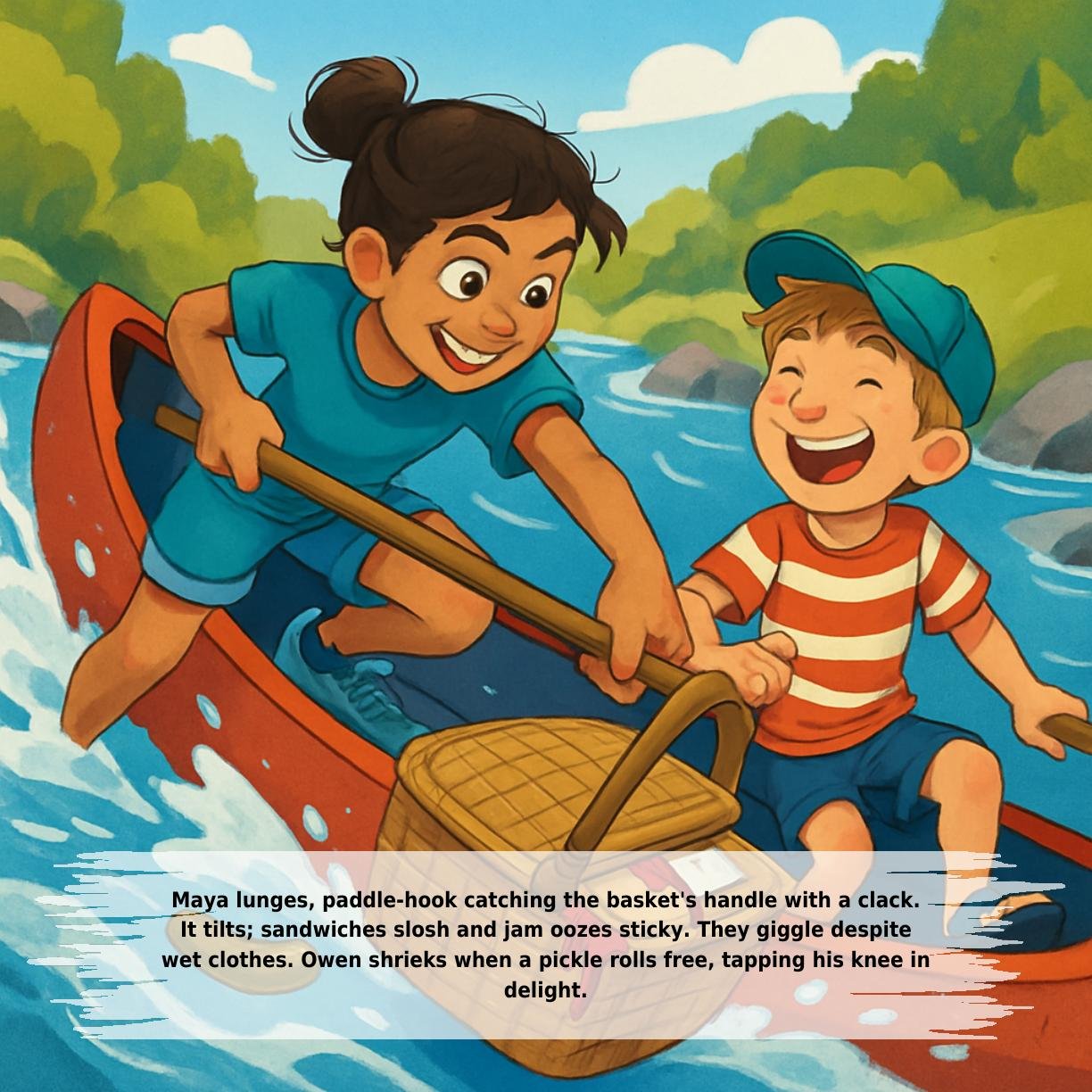 Maya lunges, paddle-hook catching the basket's handle with a clack.
It tilts; sandwiches slosh and jam oozes sticky. They giggle despite
wet clothes. Owen shrieks when a pickle rolls free, tapping his knee in
delight.
