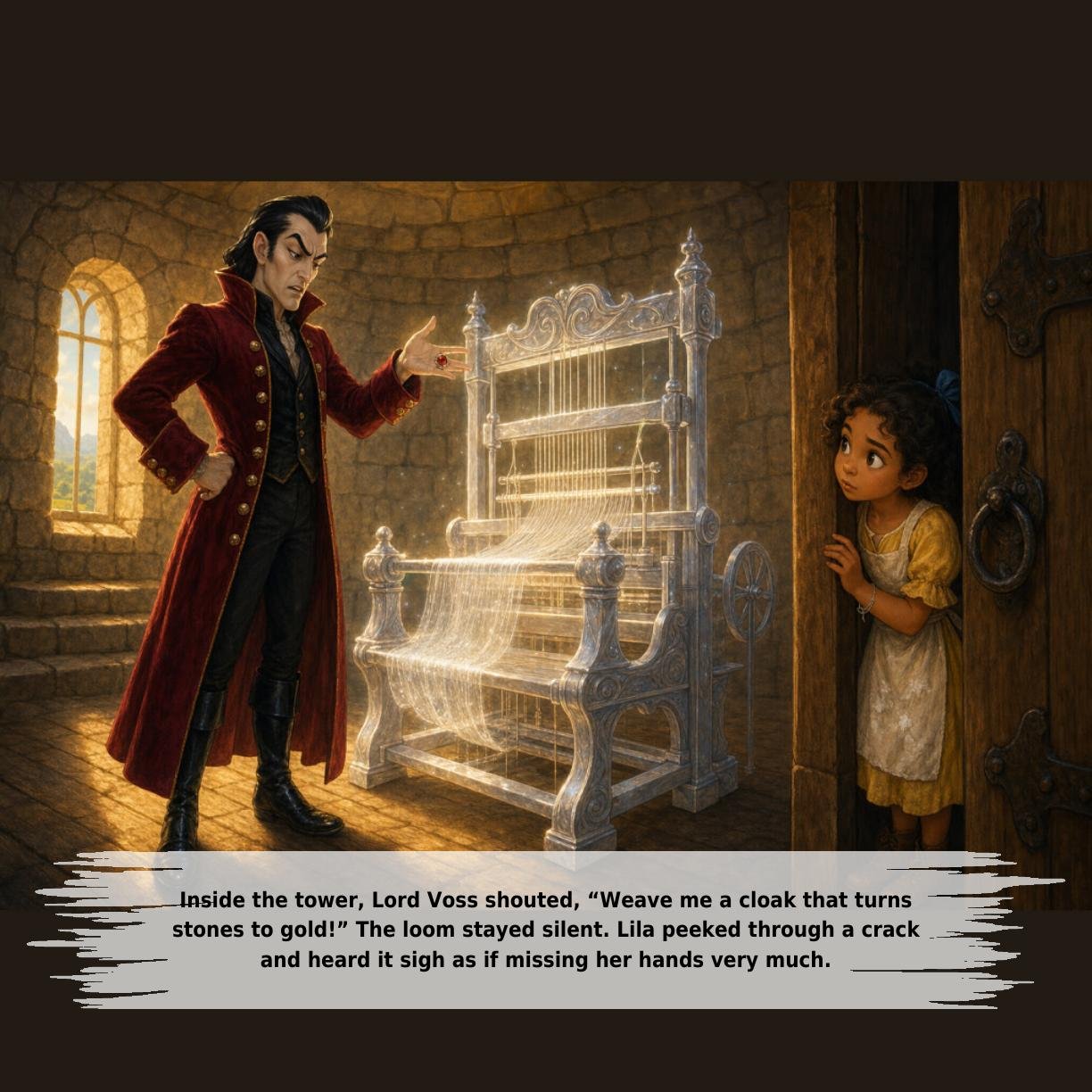 Inside the tower, Lord Voss shouted, “Weave me a cloak that turns
stones to gold!” The loom stayed silent. Lila peeked through a crack
and heard it sigh as if missing her hands very much.