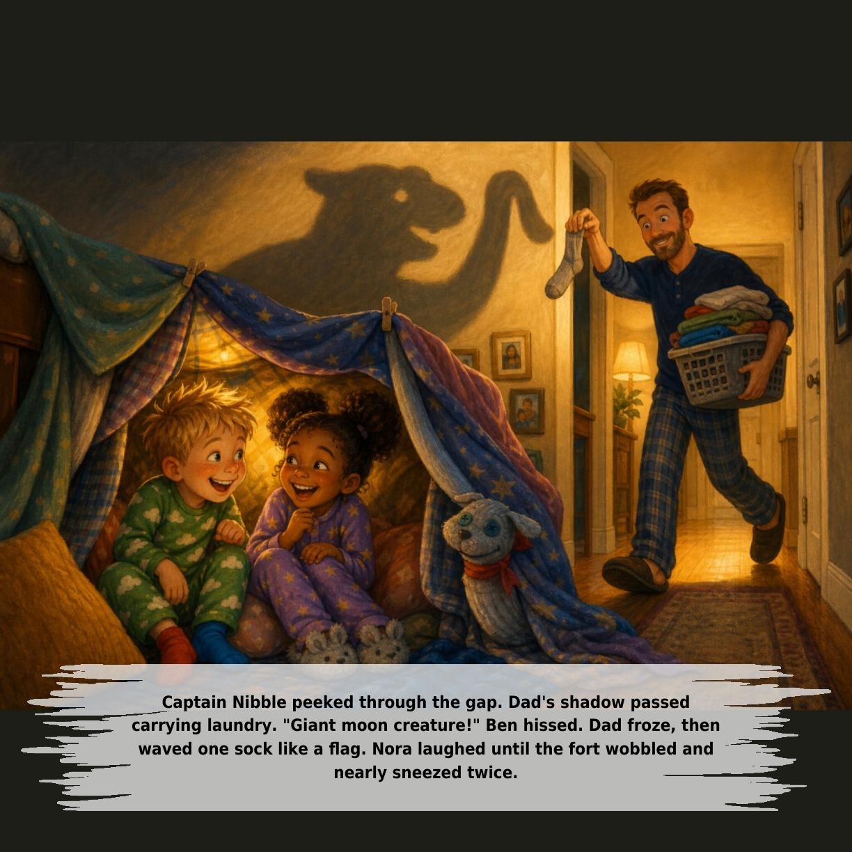 Captain Nibble peeked through the gap. Dad's shadow passed
carrying laundry. "Giant moon creature!" Ben hissed. Dad froze, then
waved one sock like a flag. Nora laughed until the fort wobbled and
nearly sneezed twice.