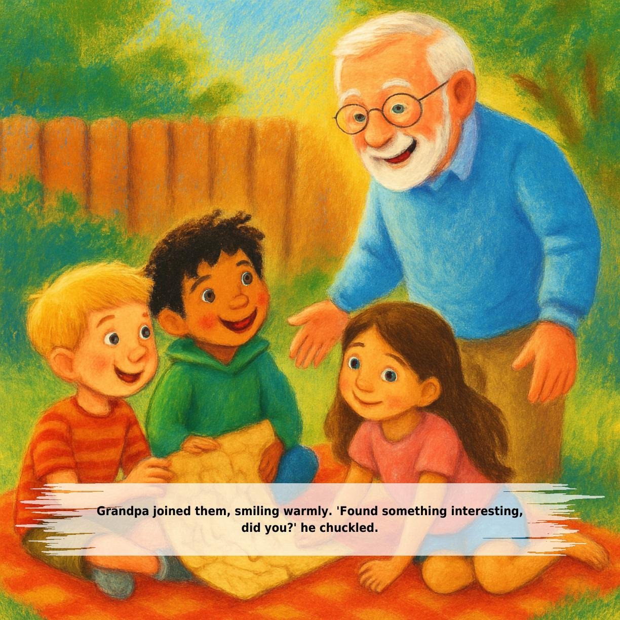 Grandpa joined them, smiling warmly. 'Found something interesting,
did you?' he chuckled.