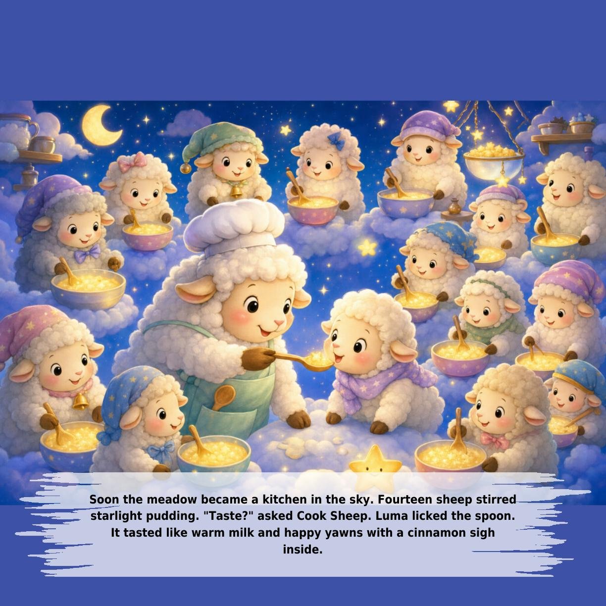 Soon the meadow became a kitchen in the sky. Fourteen sheep stirred
starlight pudding. "Taste?" asked Cook Sheep. Luma licked the spoon.
It tasted like warm milk and happy yawns with a cinnamon sigh
inside.