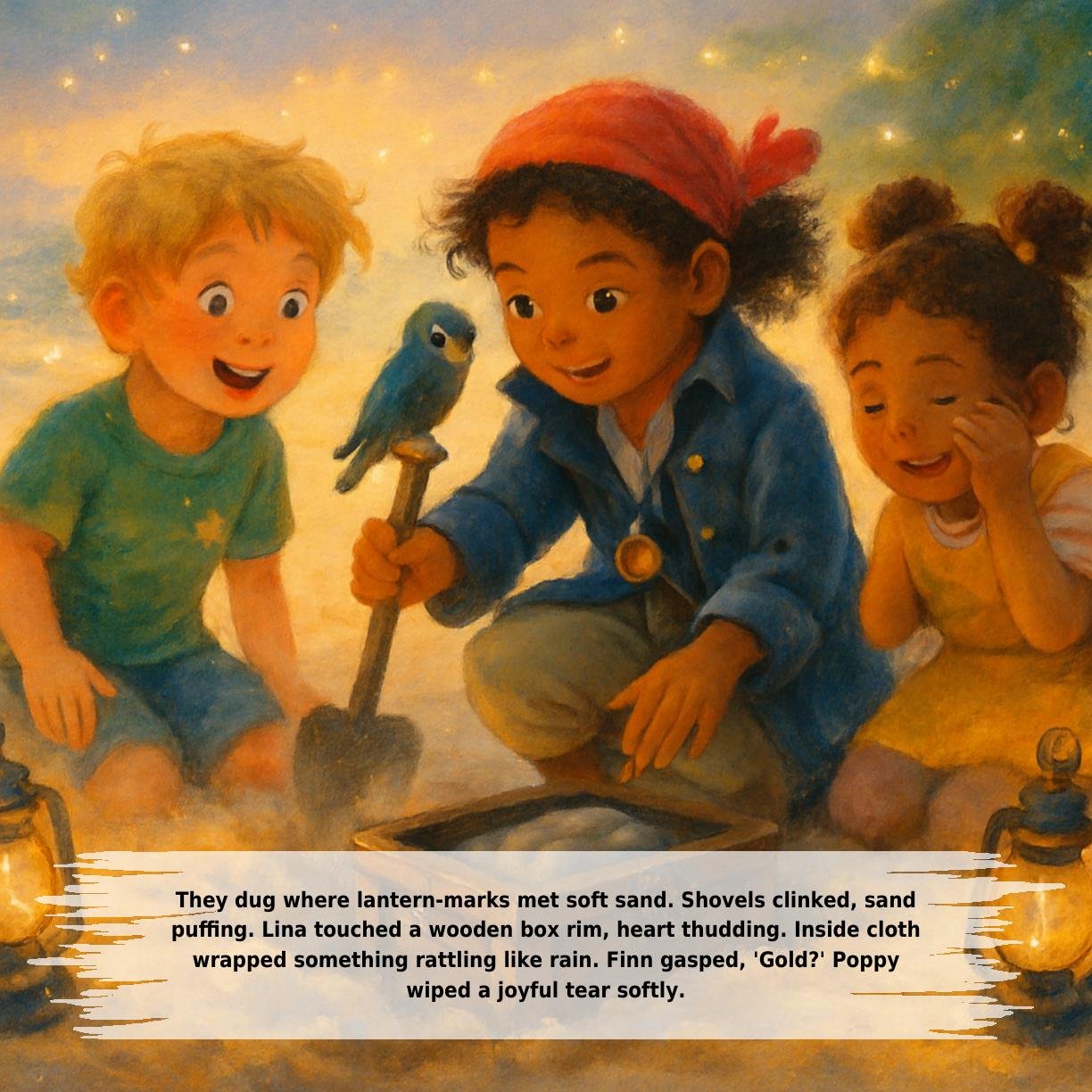 They dug where lantern-marks met soft sand. Shovels clinked, sand
puffing. Lina touched a wooden box rim, heart thudding. Inside cloth
wrapped something rattling like rain. Finn gasped, 'Gold?' Poppy
wiped a joyful tear softly.