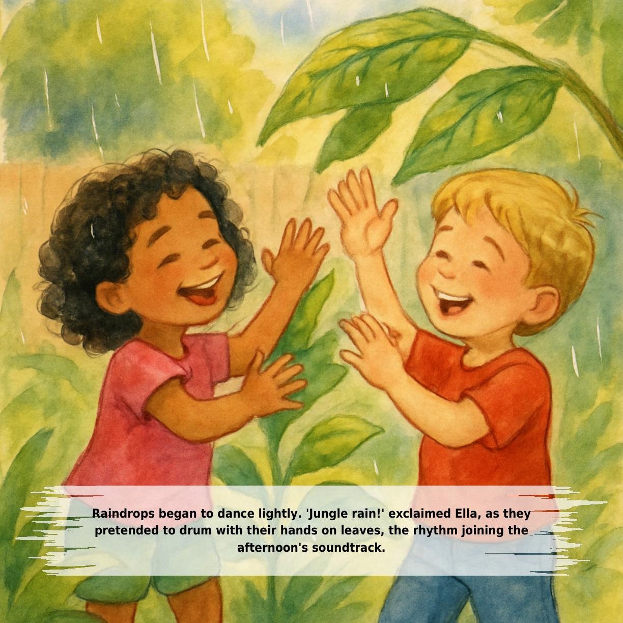 Raindrops began to dance lightly. 'Jungle rain!' exclaimed Ella, as they
pretended to drum with their hands on leaves, the rhythm joining the
afternoon's soundtrack.