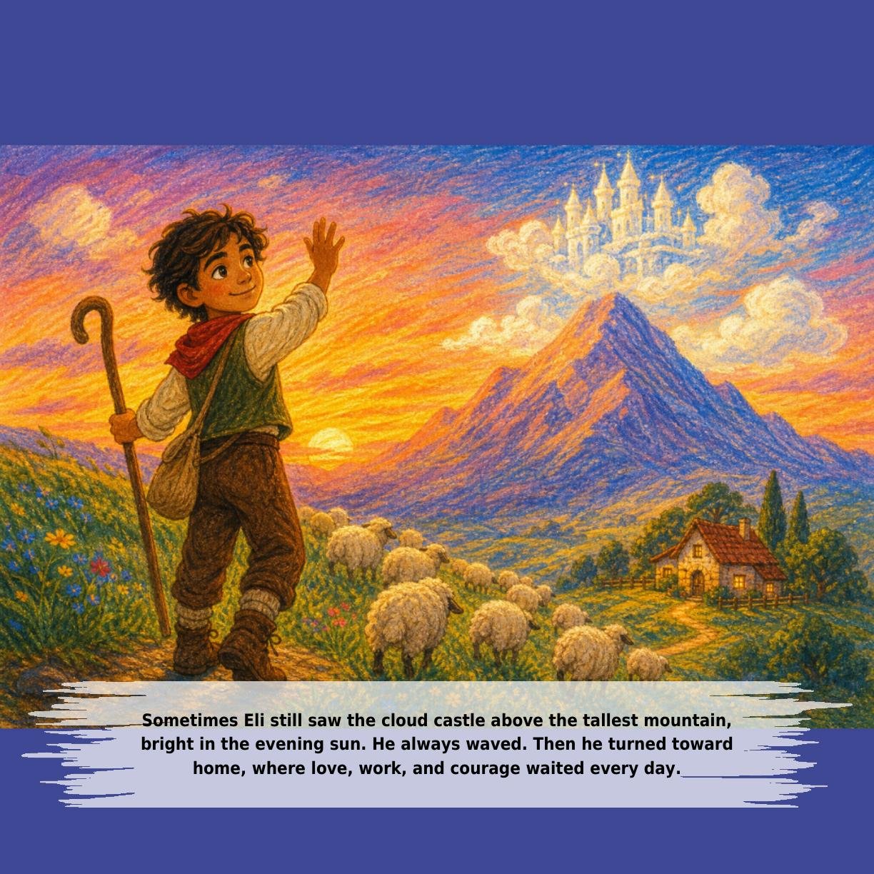 Sometimes Eli still saw the cloud castle above the tallest mountain,
bright in the evening sun. He always waved. Then he turned toward
home, where love, work, and courage waited every day.
