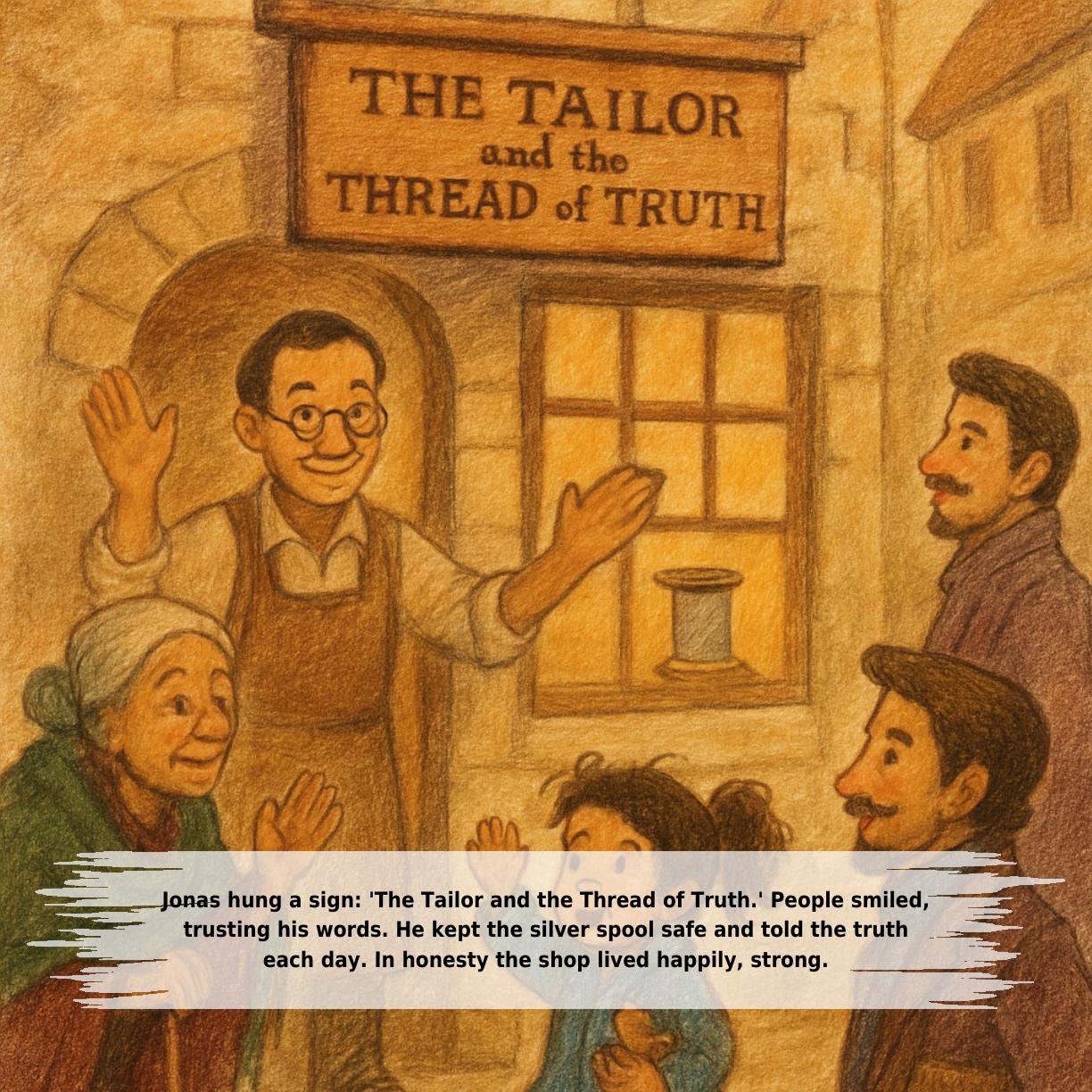 Jonas hung a sign: 'The Tailor and the Thread of Truth.' People smiled,
trusting his words. He kept the silver spool safe and told the truth
each day. In honesty the shop lived happily, strong.
