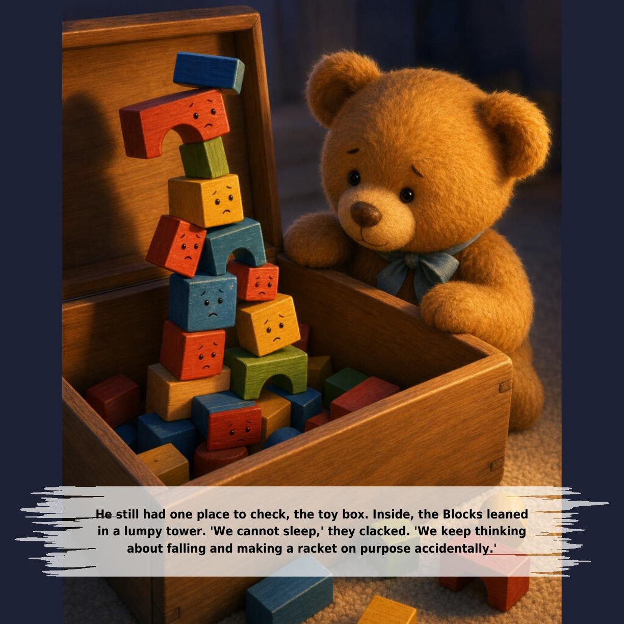 He still had one place to check, the toy box. Inside, the Blocks leaned
in a lumpy tower. 'We cannot sleep,' they clacked. 'We keep thinking
about falling and making a racket on purpose accidentally.'
