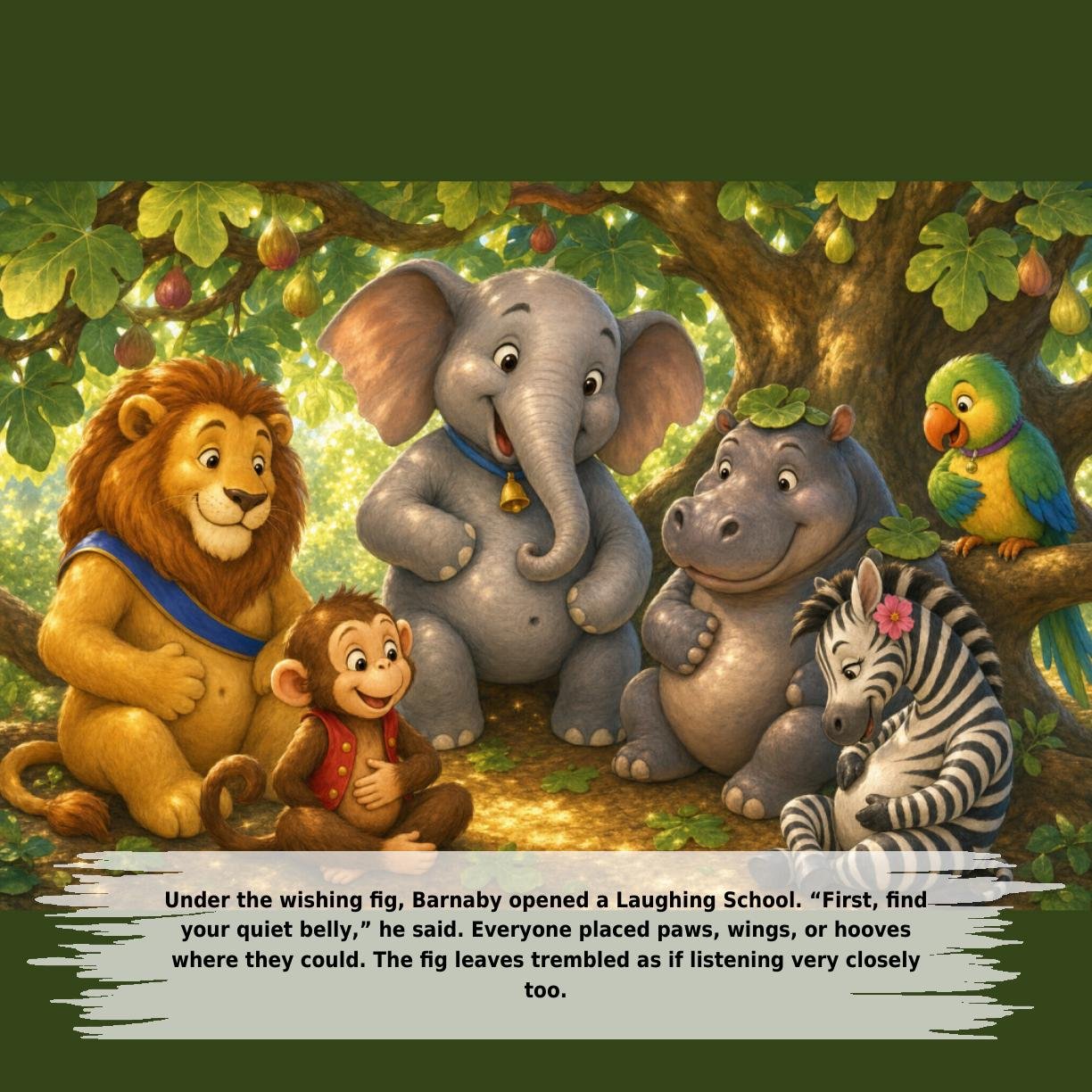 Under the wishing fig, Barnaby opened a Laughing School. “First, find
your quiet belly,” he said. Everyone placed paws, wings, or hooves
where they could. The fig leaves trembled as if listening very closely
too.