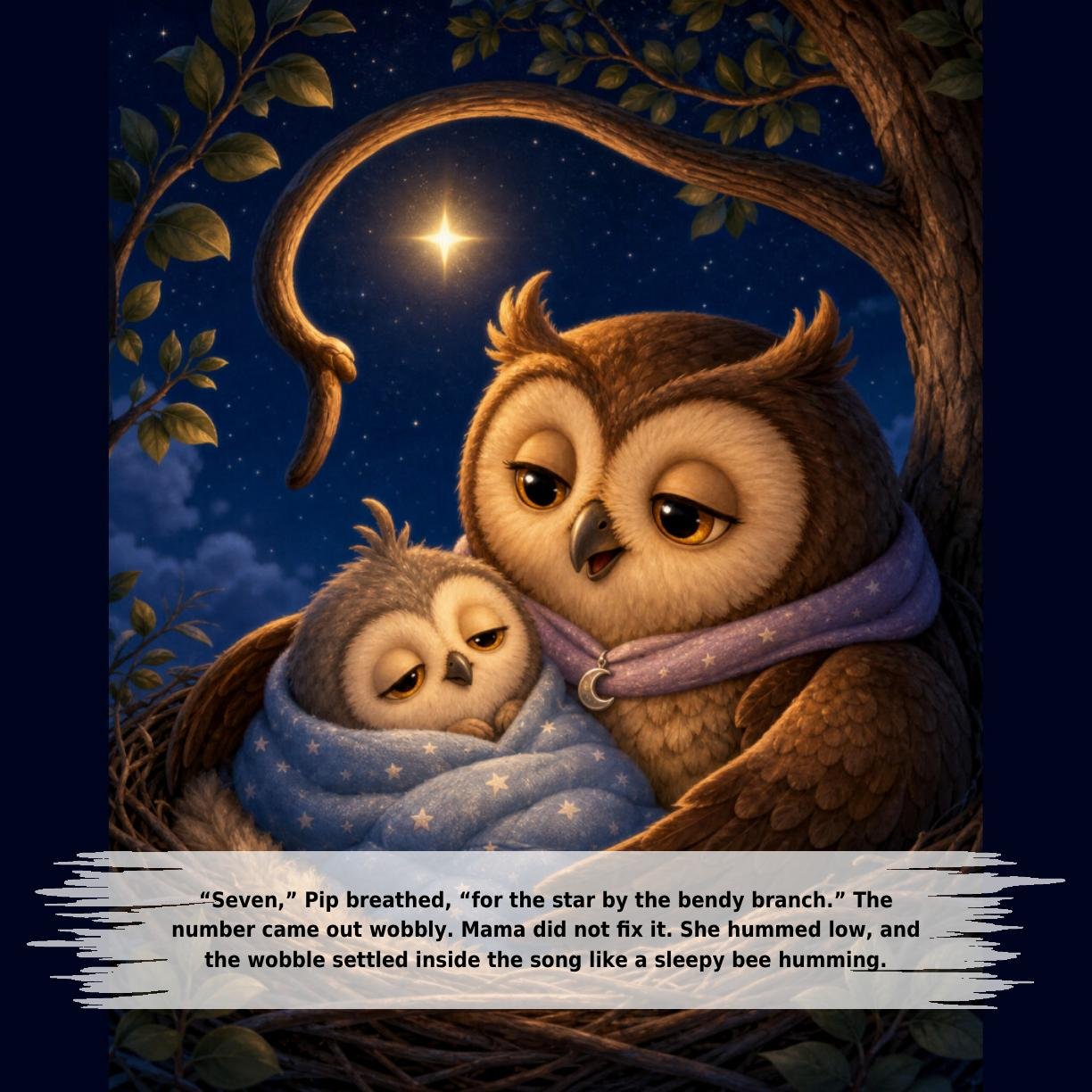 “Seven,” Pip breathed, “for the star by the bendy branch.” The
number came out wobbly. Mama did not fix it. She hummed low, and
the wobble settled inside the song like a sleepy bee humming.