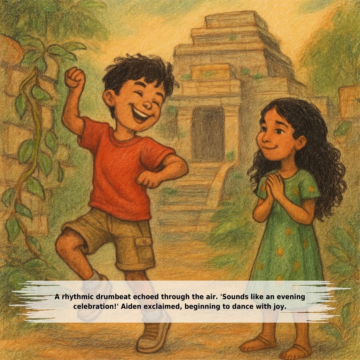A rhythmic drumbeat echoed through the air. 'Sounds like an evening
celebration!' Aiden exclaimed, beginning to dance with joy.