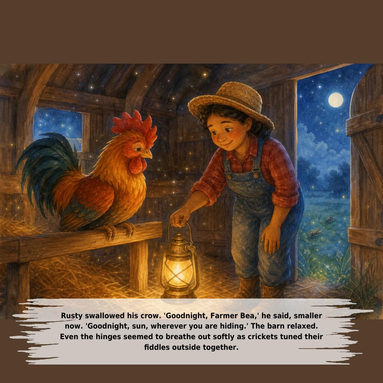 Rusty swallowed his crow. 'Goodnight, Farmer Bea,' he said, smaller
now. 'Goodnight, sun, wherever you are hiding.' The barn relaxed.
Even the hinges seemed to breathe out softly as crickets tuned their
fiddles outside together.