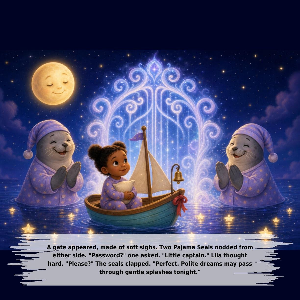 A gate appeared, made of soft sighs. Two Pajama Seals nodded from
either side. "Password?" one asked. "Little captain." Lila thought
hard. "Please?" The seals clapped. "Perfect. Polite dreams may pass
through gentle splashes tonight."