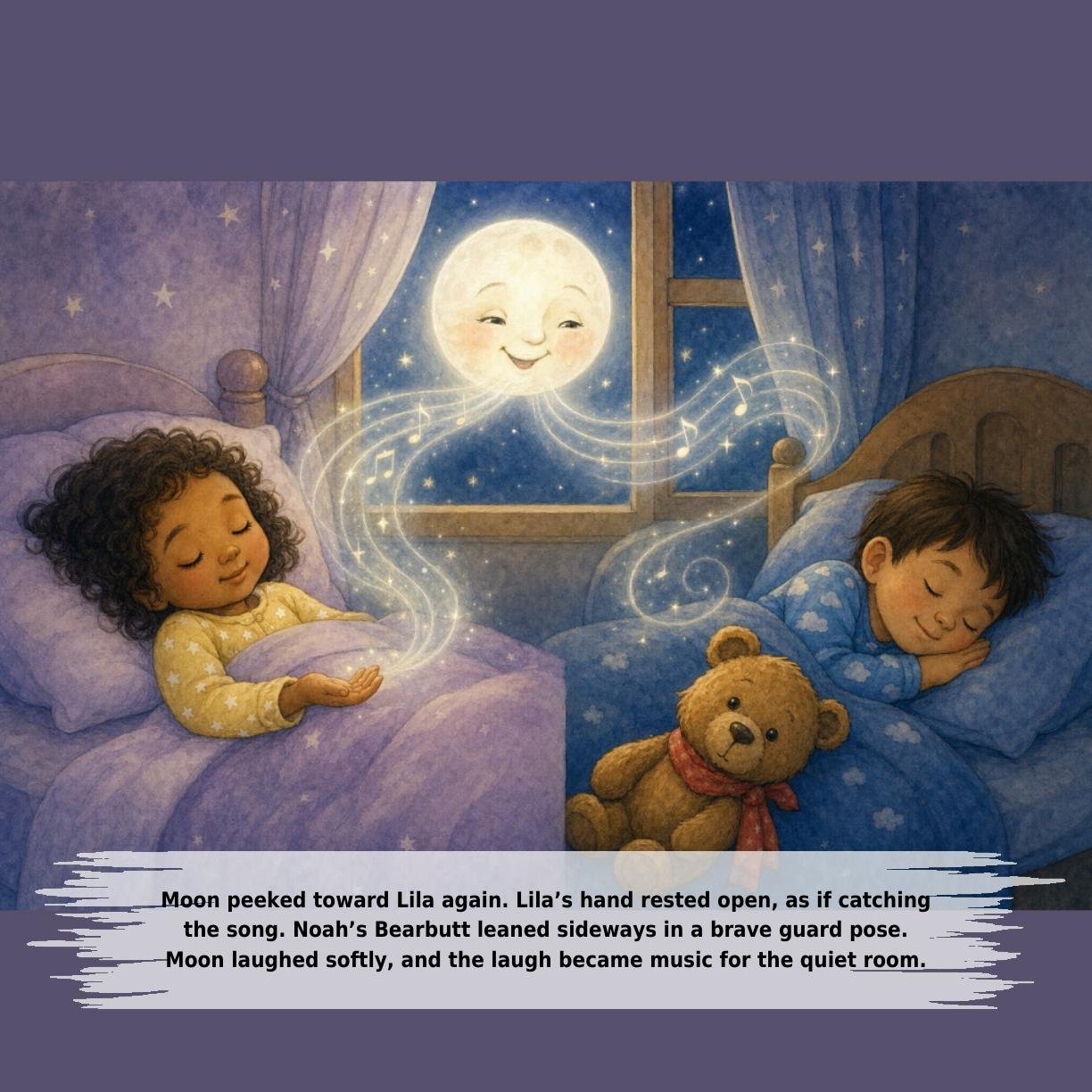 Moon peeked toward Lila again. Lila’s hand rested open, as if catching
the song. Noah’s Bearbutt leaned sideways in a brave guard pose.
Moon laughed softly, and the laugh became music for the quiet room.