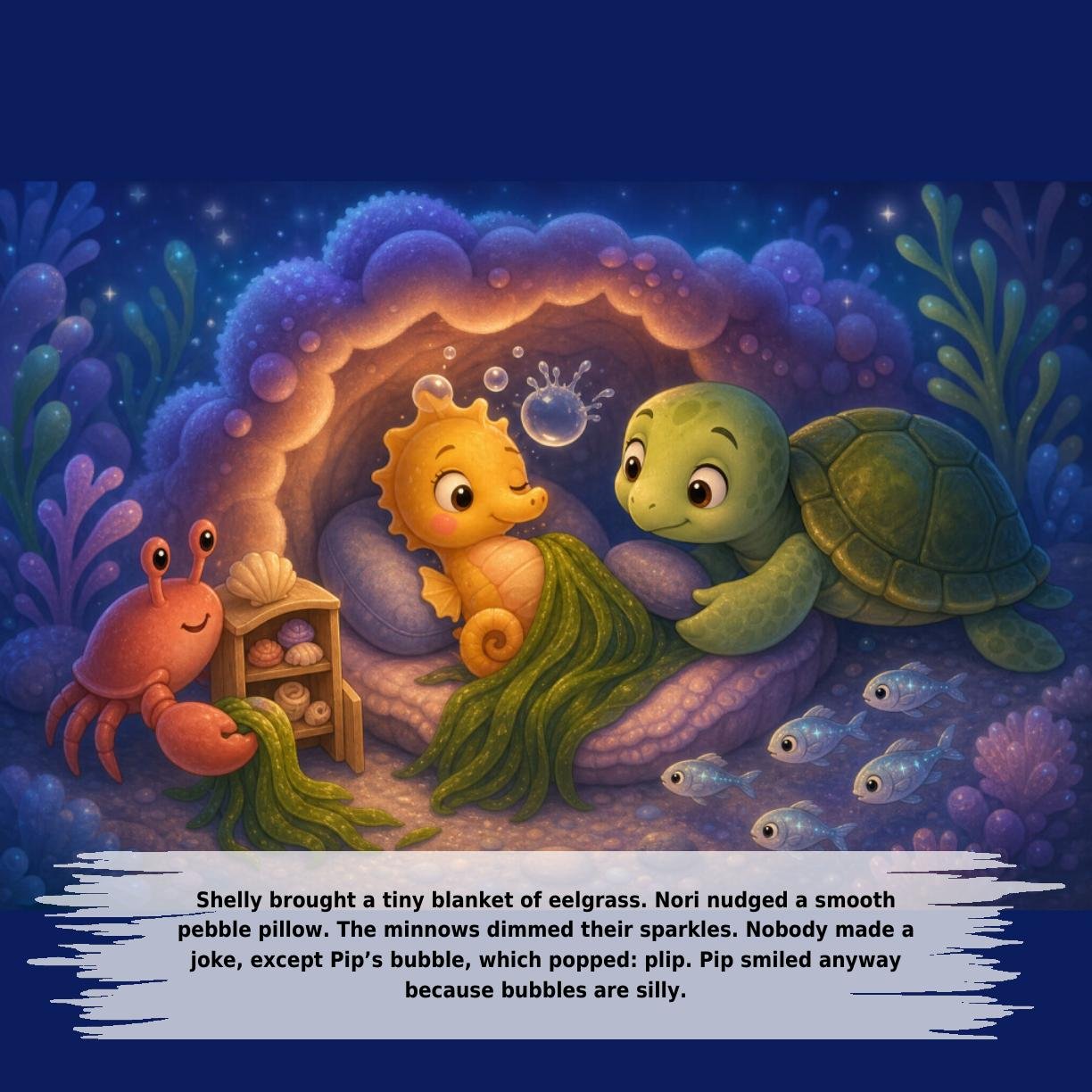 Shelly brought a tiny blanket of eelgrass. Nori nudged a smooth
pebble pillow. The minnows dimmed their sparkles. Nobody made a
joke, except Pip’s bubble, which popped: plip. Pip smiled anyway
because bubbles are silly.