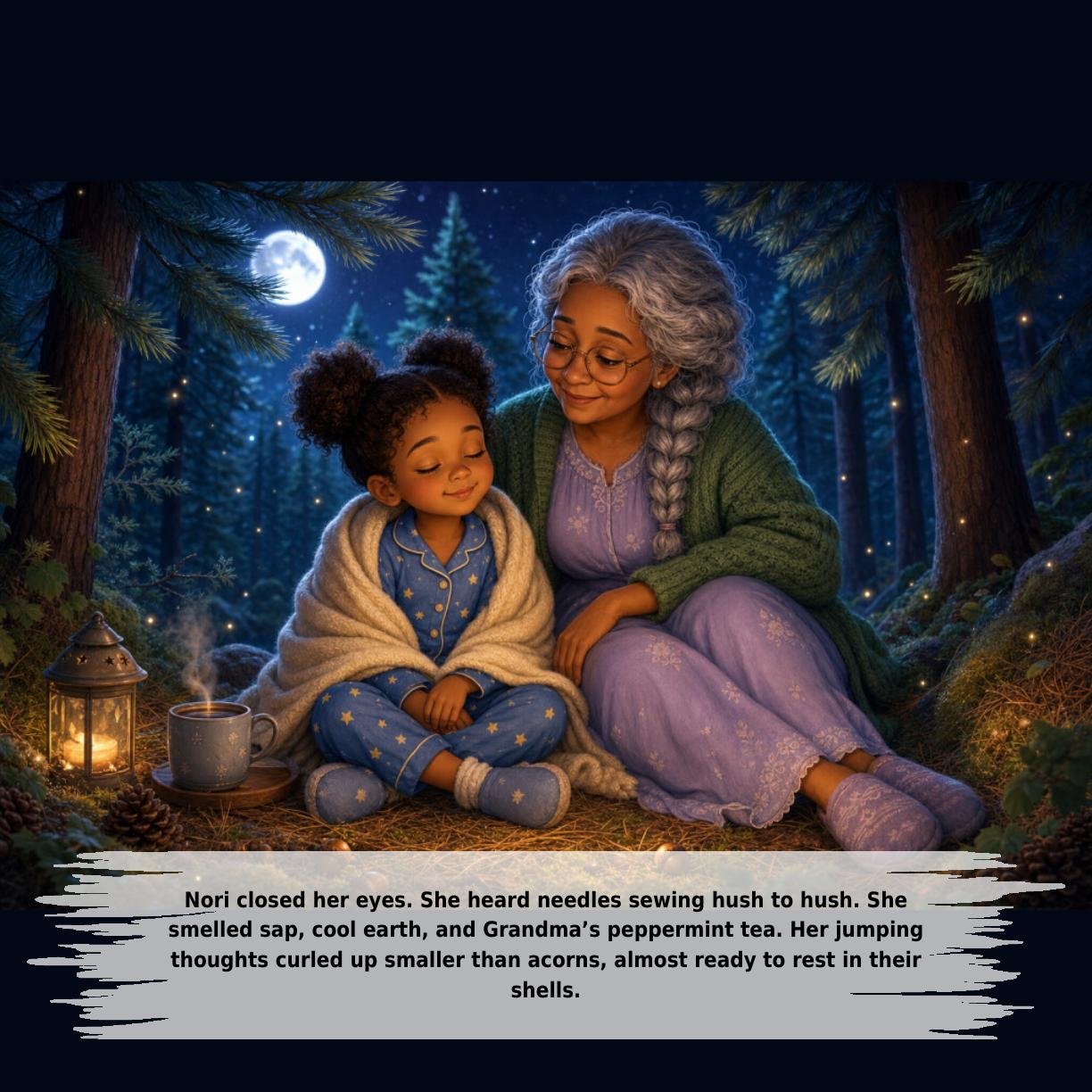 Nori closed her eyes. She heard needles sewing hush to hush. She
smelled sap, cool earth, and Grandma’s peppermint tea. Her jumping
thoughts curled up smaller than acorns, almost ready to rest in their
shells.