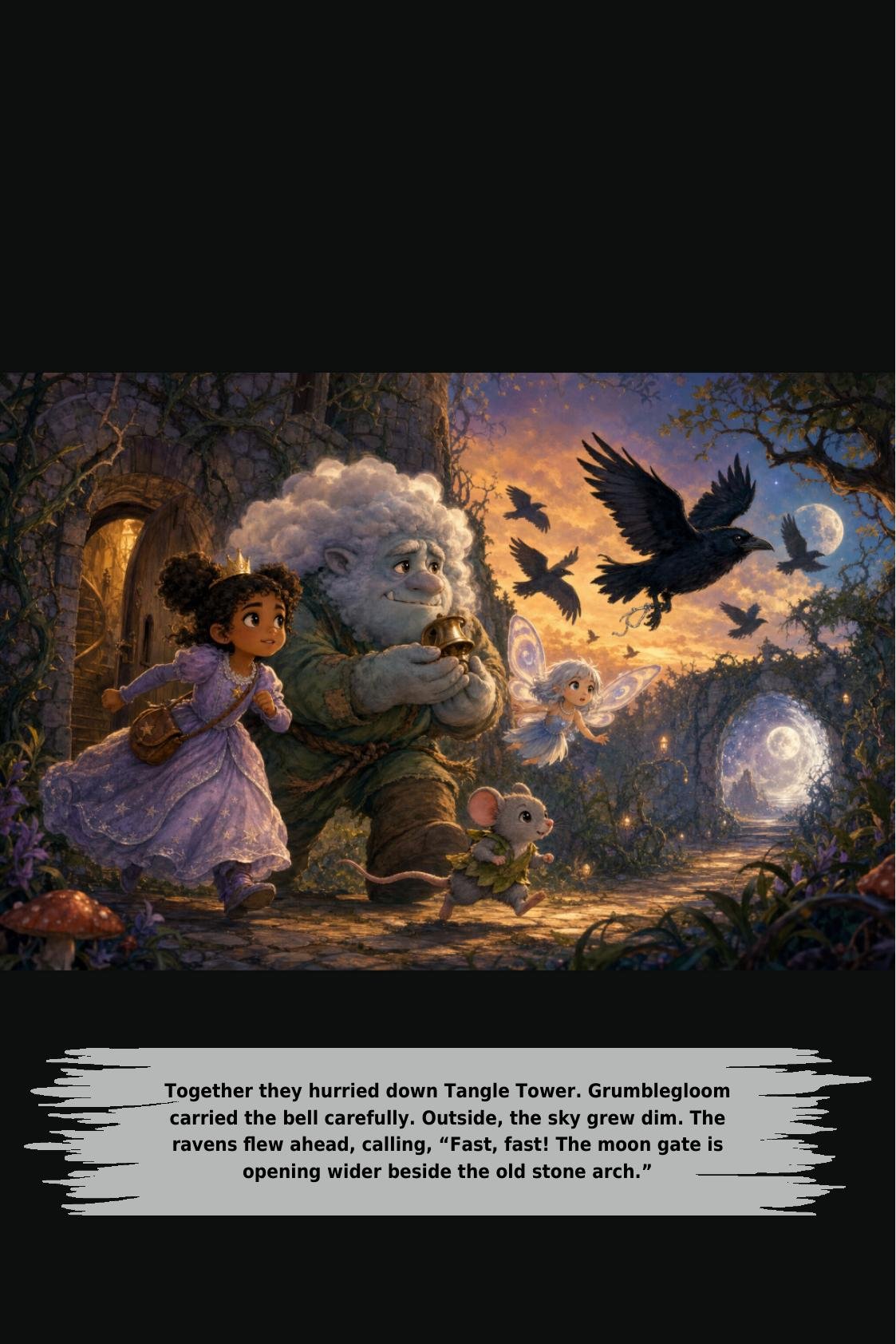 Together they hurried down Tangle Tower. Grumblegloom
carried the bell carefully. Outside, the sky grew dim. The
ravens flew ahead, calling, “Fast, fast! The moon gate is
opening wider beside the old stone arch.”