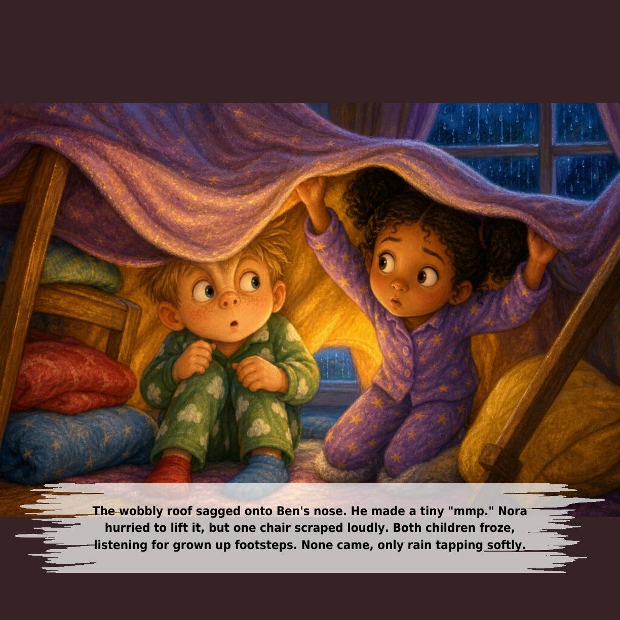 The wobbly roof sagged onto Ben's nose. He made a tiny "mmp." Nora
hurried to lift it, but one chair scraped loudly. Both children froze,
listening for grown up footsteps. None came, only rain tapping softly.