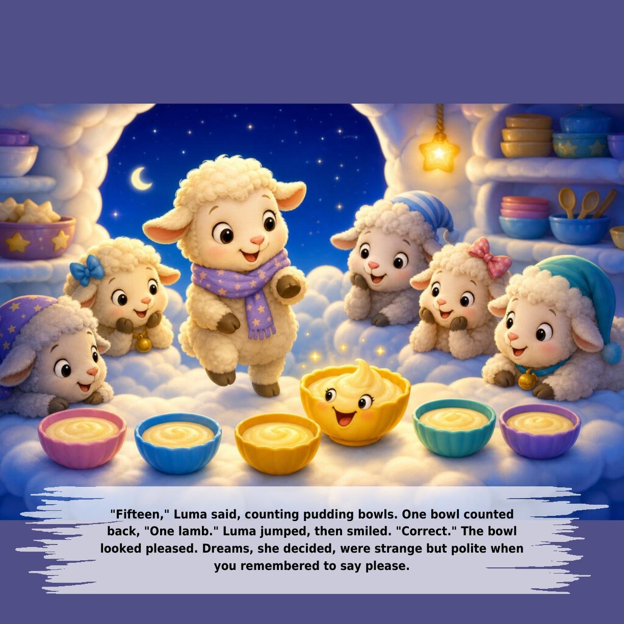 "Fifteen," Luma said, counting pudding bowls. One bowl counted
back, "One lamb." Luma jumped, then smiled. "Correct." The bowl
looked pleased. Dreams, she decided, were strange but polite when
you remembered to say please.