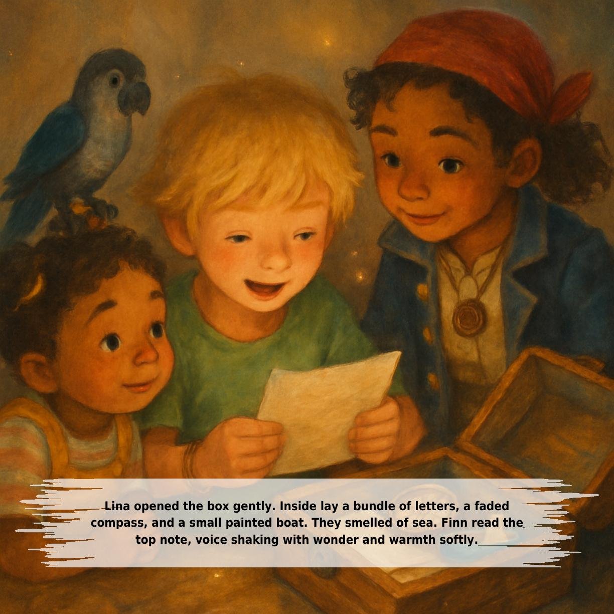 Lina opened the box gently. Inside lay a bundle of letters, a faded
compass, and a small painted boat. They smelled of sea. Finn read the
top note, voice shaking with wonder and warmth softly.