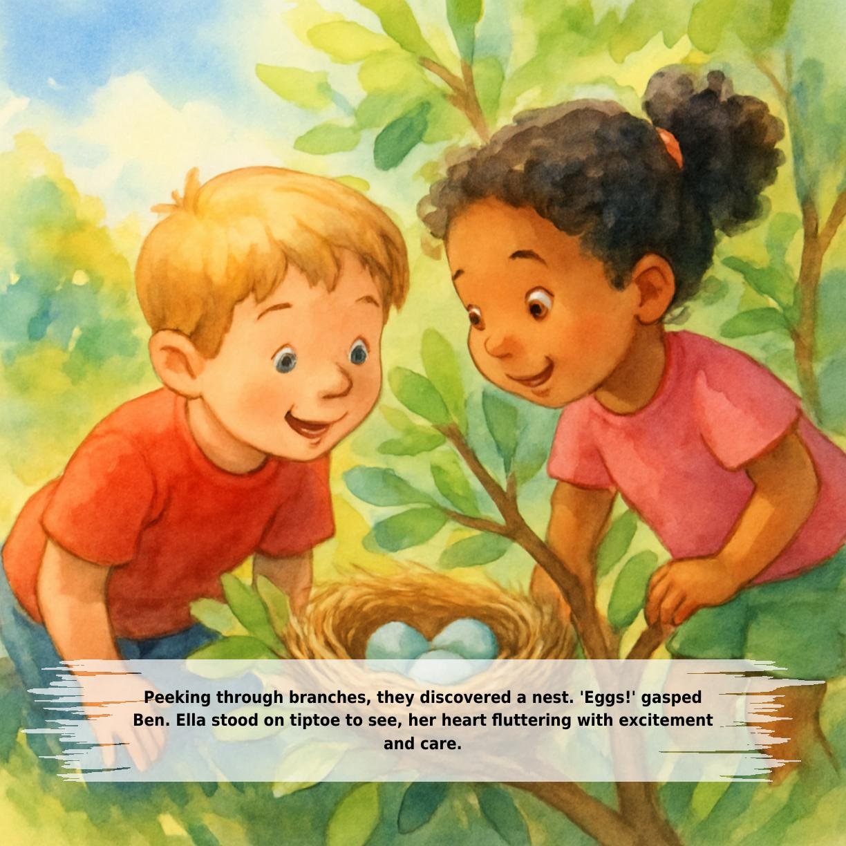 Peeking through branches, they discovered a nest. 'Eggs!' gasped
Ben. Ella stood on tiptoe to see, her heart fluttering with excitement
and care.