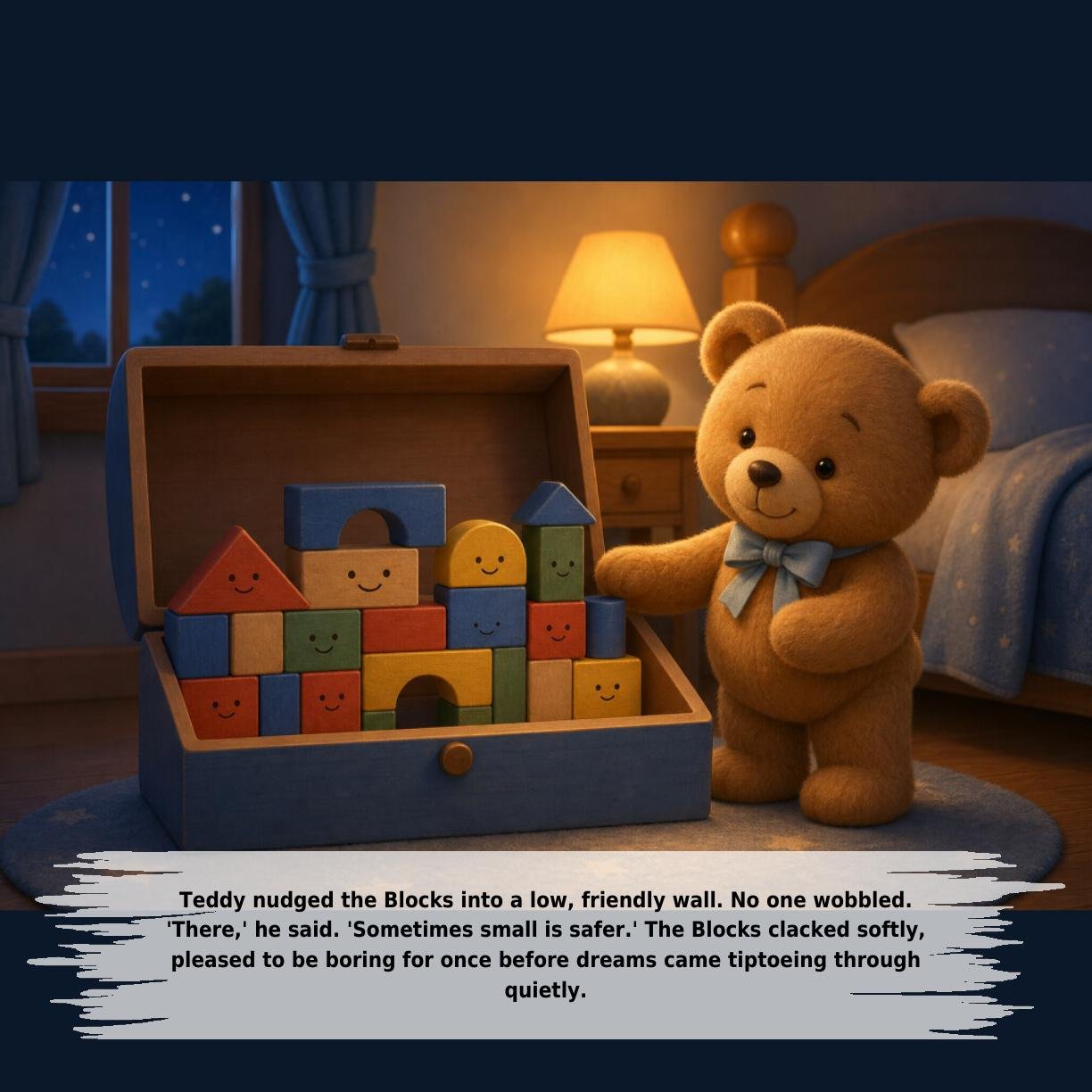 Teddy nudged the Blocks into a low, friendly wall. No one wobbled.
'There,' he said. 'Sometimes small is safer.' The Blocks clacked softly,
pleased to be boring for once before dreams came tiptoeing through
quietly.