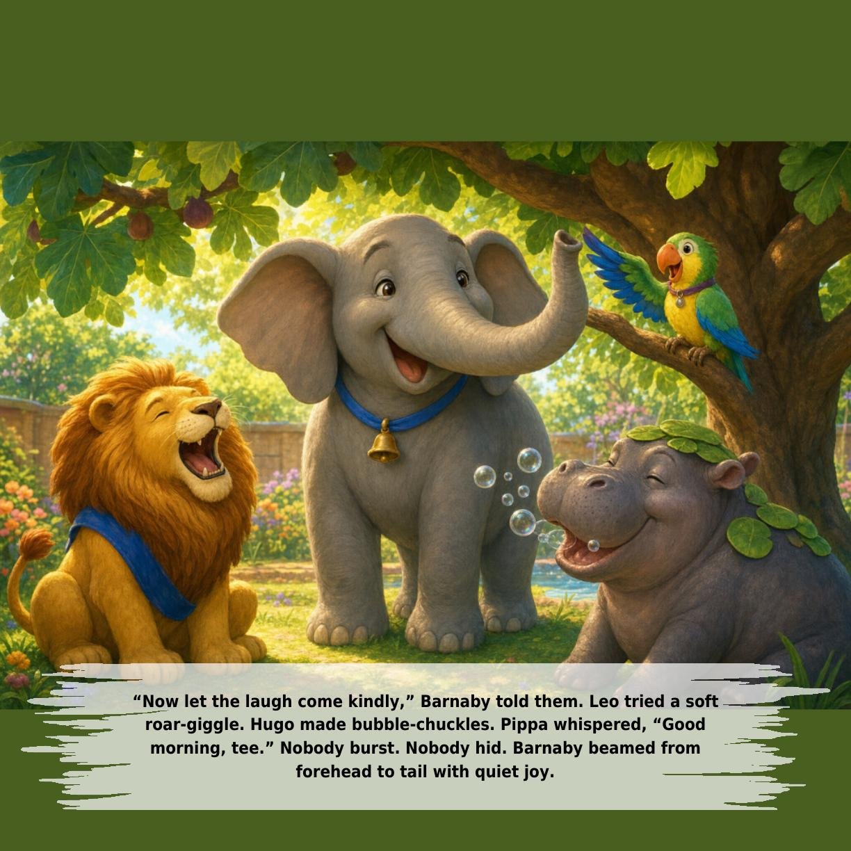 “Now let the laugh come kindly,” Barnaby told them. Leo tried a soft
roar-giggle. Hugo made bubble-chuckles. Pippa whispered, “Good
morning, tee.” Nobody burst. Nobody hid. Barnaby beamed from
forehead to tail with quiet joy.