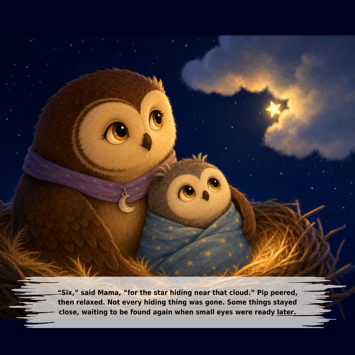 “Six,” said Mama, “for the star hiding near that cloud.” Pip peered,
then relaxed. Not every hiding thing was gone. Some things stayed
close, waiting to be found again when small eyes were ready later.