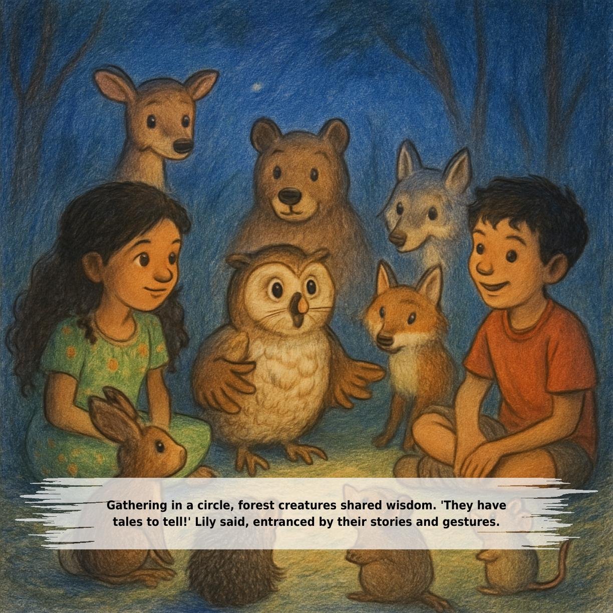 Gathering in a circle, forest creatures shared wisdom. 'They have
tales to tell!' Lily said, entranced by their stories and gestures.