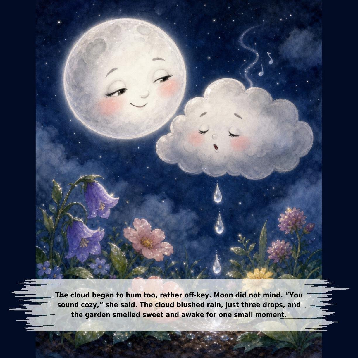 The cloud began to hum too, rather off-key. Moon did not mind. “You
sound cozy,” she said. The cloud blushed rain, just three drops, and
the garden smelled sweet and awake for one small moment.