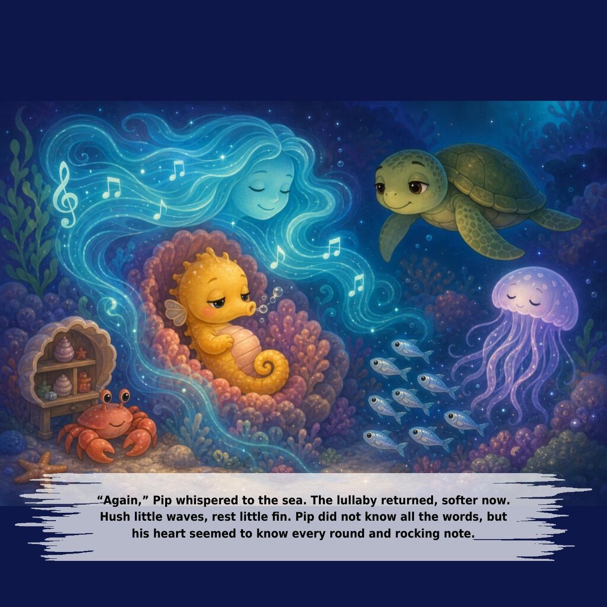 “Again,” Pip whispered to the sea. The lullaby returned, softer now.
Hush little waves, rest little fin. Pip did not know all the words, but
his heart seemed to know every round and rocking note.