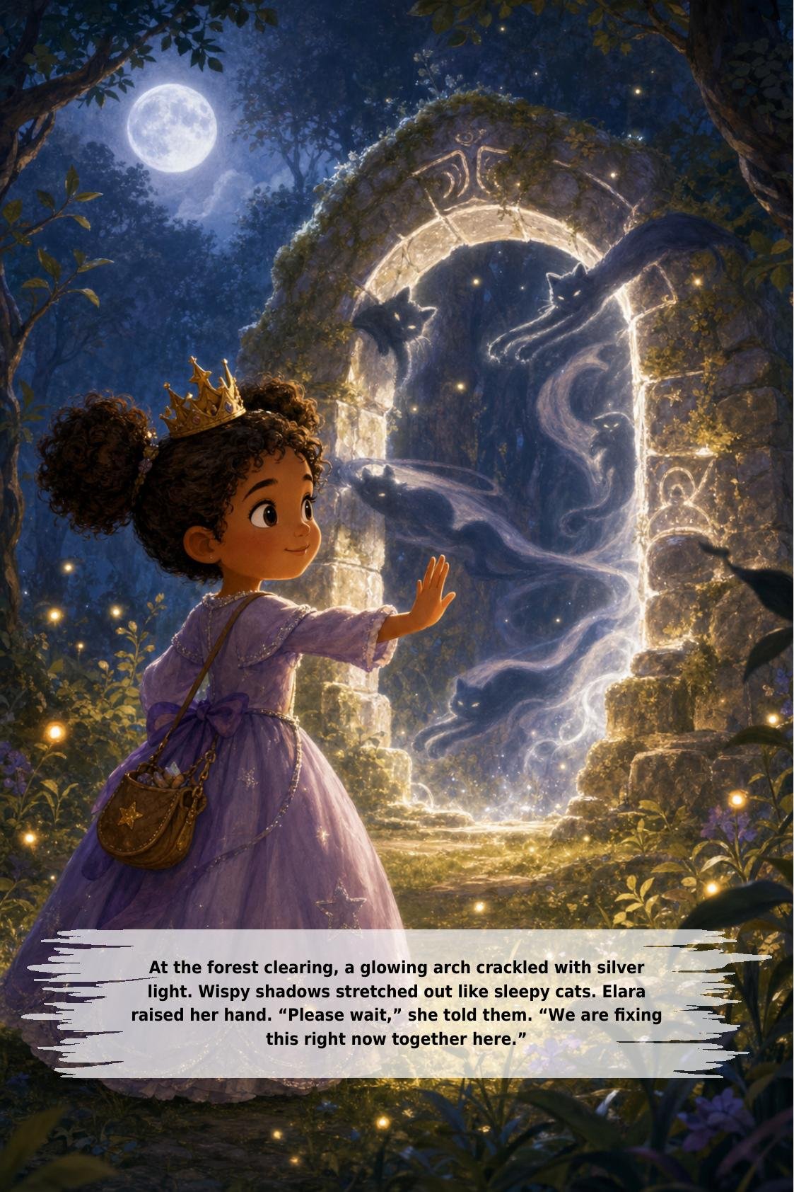 At the forest clearing, a glowing arch crackled with silver
light. Wispy shadows stretched out like sleepy cats. Elara
raised her hand. “Please wait,” she told them. “We are fixing
this right now together here.”