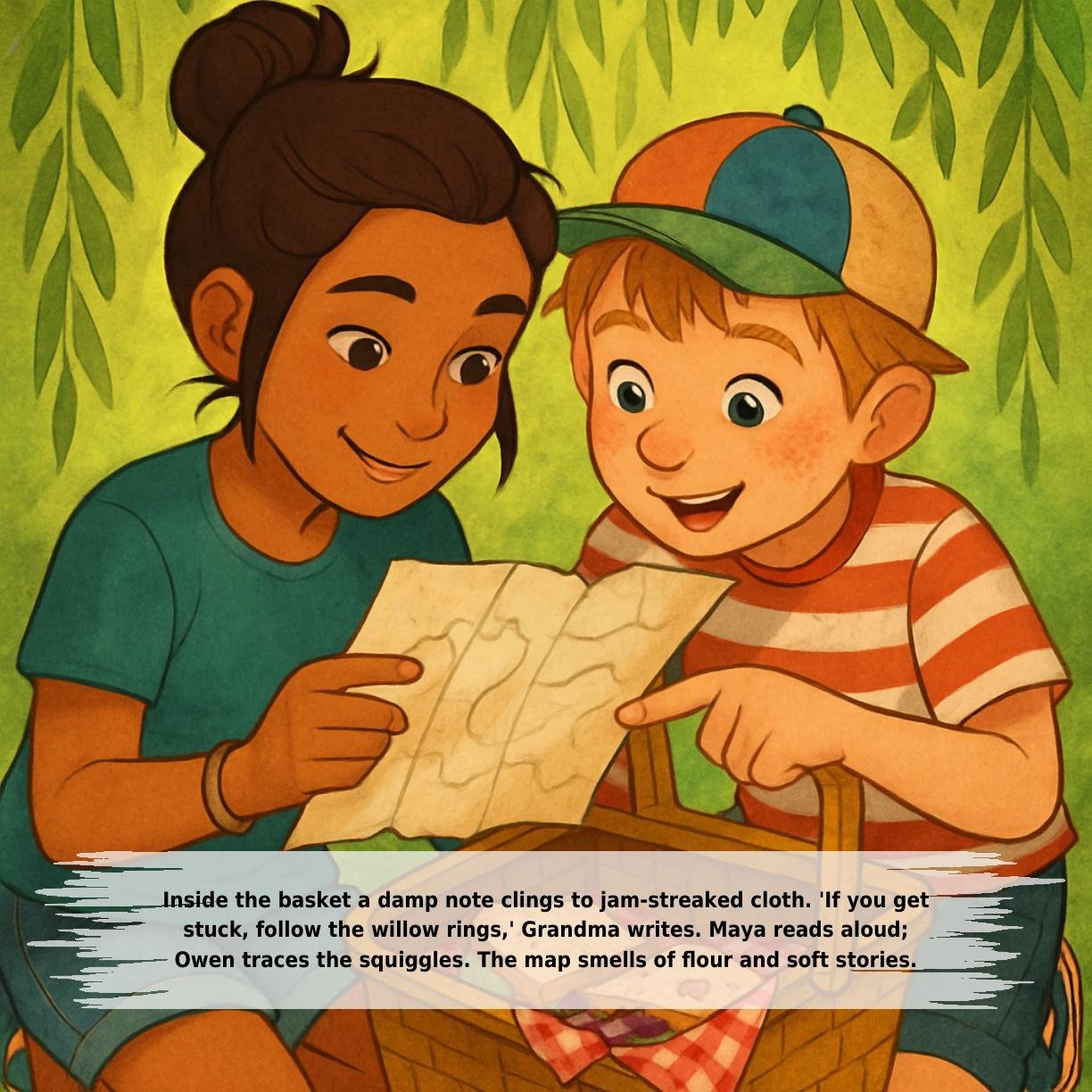 Inside the basket a damp note clings to jam-streaked cloth. 'If you get
stuck, follow the willow rings,' Grandma writes. Maya reads aloud;
Owen traces the squiggles. The map smells of flour and soft stories.